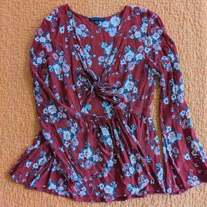 American Eagle Floral Tie-Front Cutout Longsleeve Babydoll Shirt